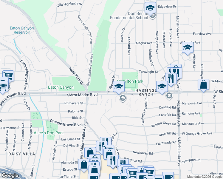 map of restaurants, bars, coffee shops, grocery stores, and more near 929 Crestview Drive in Pasadena