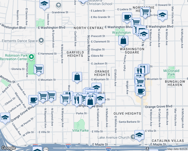 map of restaurants, bars, coffee shops, grocery stores, and more near in Pasadena