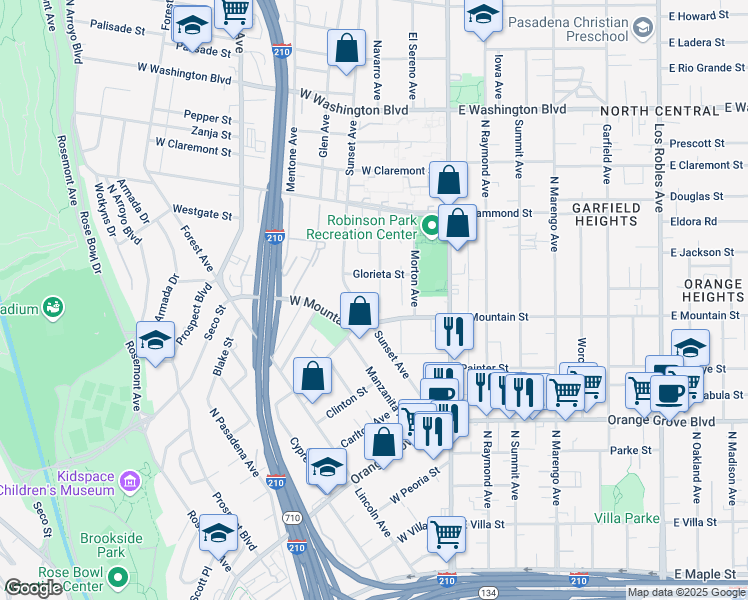 map of restaurants, bars, coffee shops, grocery stores, and more near 970 Kirkwood Avenue in Pasadena
