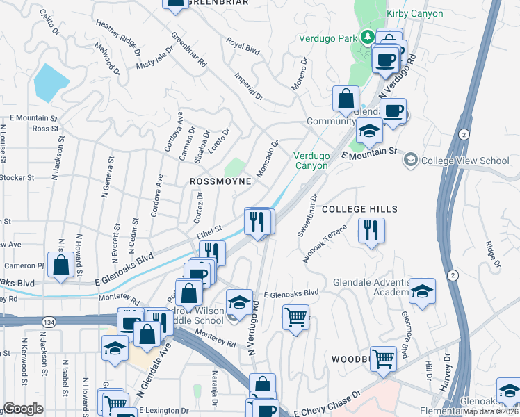map of restaurants, bars, coffee shops, grocery stores, and more near 1229 Ethel Street in Glendale