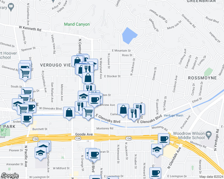 map of restaurants, bars, coffee shops, grocery stores, and more near 1130 North Louise Street in Glendale