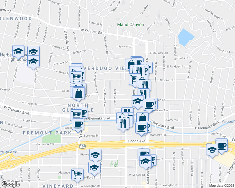 map of restaurants, bars, coffee shops, grocery stores, and more near 1137 North Central Avenue in Glendale