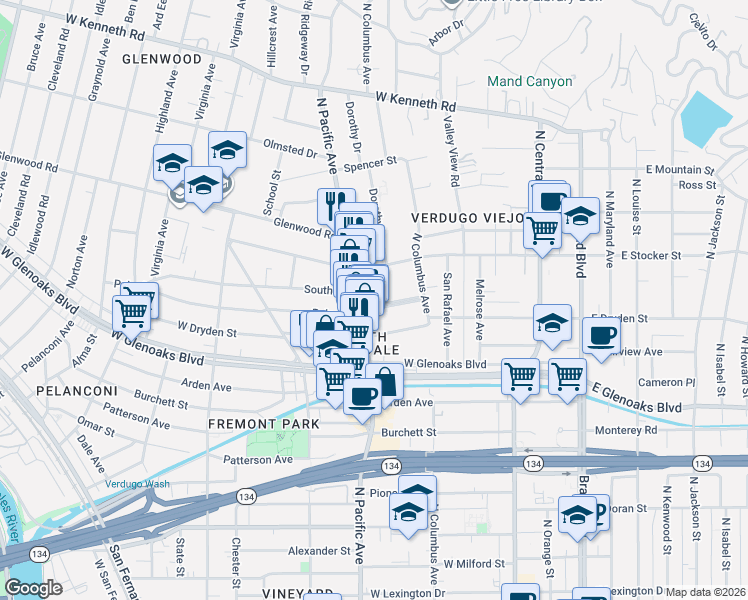 map of restaurants, bars, coffee shops, grocery stores, and more near 1144 North Pacific Avenue in Glendale