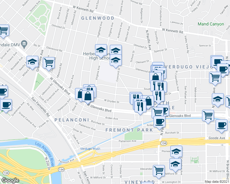 map of restaurants, bars, coffee shops, grocery stores, and more near 628 South Street in Glendale