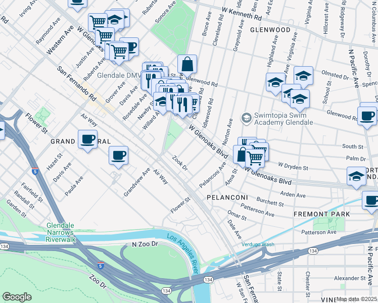 map of restaurants, bars, coffee shops, grocery stores, and more near 908 Idlewood Road in Glendale