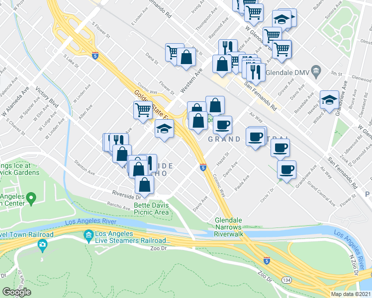 map of restaurants, bars, coffee shops, grocery stores, and more near 204 Emens Way in Glendale