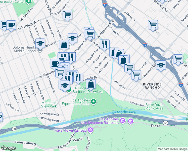 map of restaurants, bars, coffee shops, grocery stores, and more near 1219 South Chavez Street in Burbank