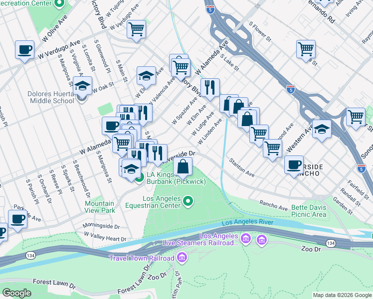 map of restaurants, bars, coffee shops, grocery stores, and more near 1219 South Chavez Street in Burbank