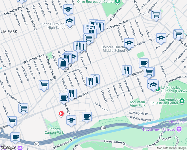 map of restaurants, bars, coffee shops, grocery stores, and more near 336 South Parish Place in Burbank