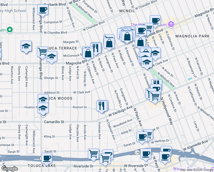 map of restaurants, bars, coffee shops, grocery stores, and more near 801 North Rose Street in Burbank