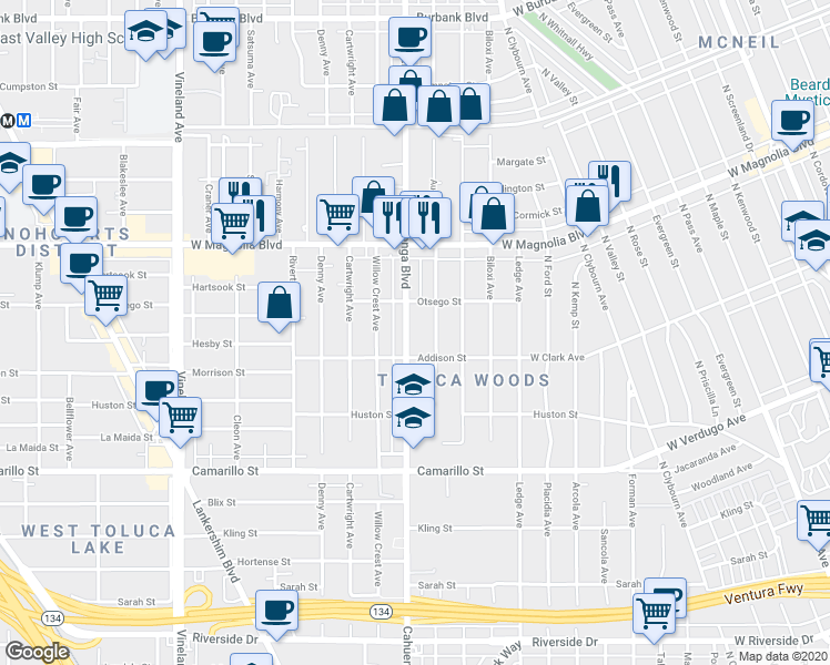 map of restaurants, bars, coffee shops, grocery stores, and more near 5041 Auckland Avenue in Los Angeles