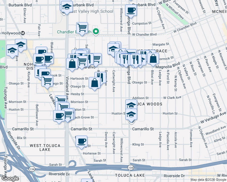 map of restaurants, bars, coffee shops, grocery stores, and more near 5044 Cartwright Avenue in Los Angeles