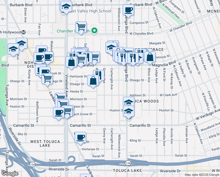 map of restaurants, bars, coffee shops, grocery stores, and more near 5044 Cartwright Avenue in Los Angeles