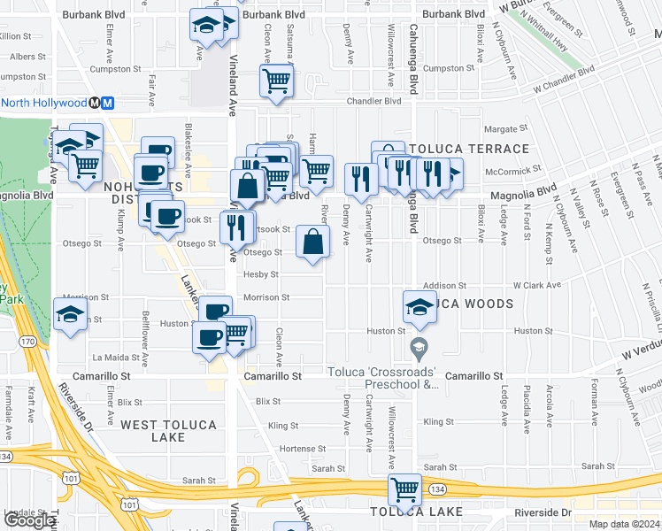 map of restaurants, bars, coffee shops, grocery stores, and more near 5043 Denny Avenue in Los Angeles