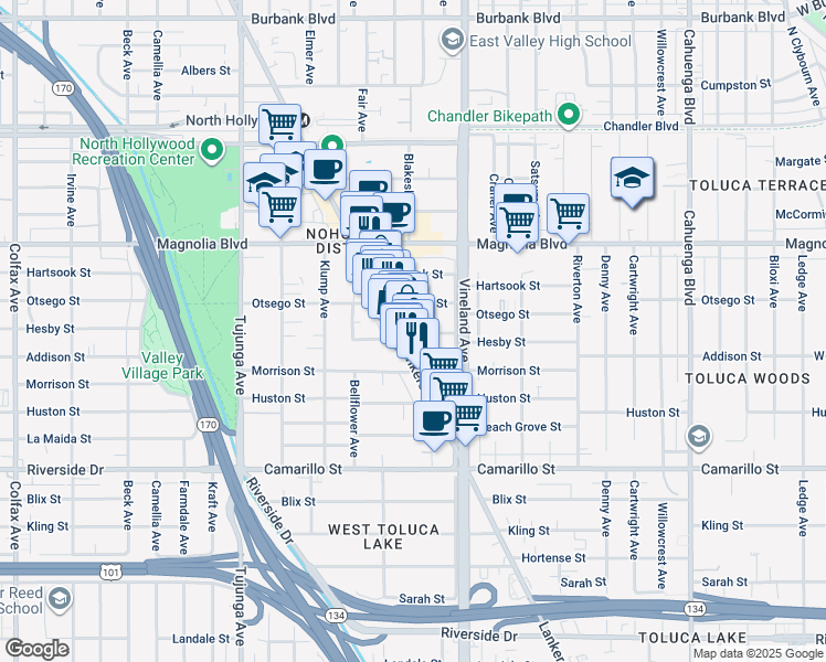 map of restaurants, bars, coffee shops, grocery stores, and more near 11104 Otsego Street in Los Angeles