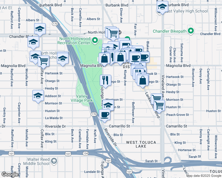 map of restaurants, bars, coffee shops, grocery stores, and more near 5056 Tujunga Avenue in Los Angeles