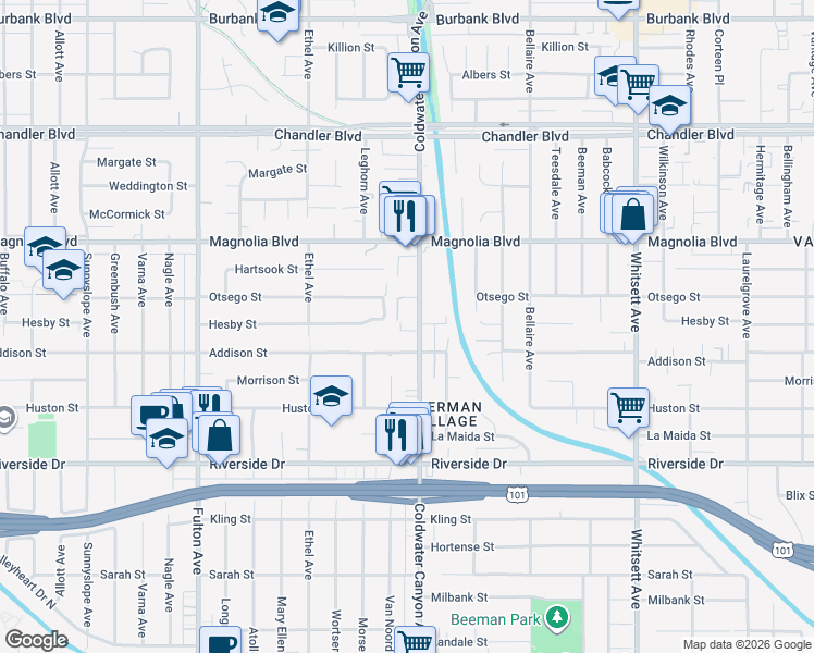 map of restaurants, bars, coffee shops, grocery stores, and more near 5035 Coldwater Canyon Avenue in Los Angeles