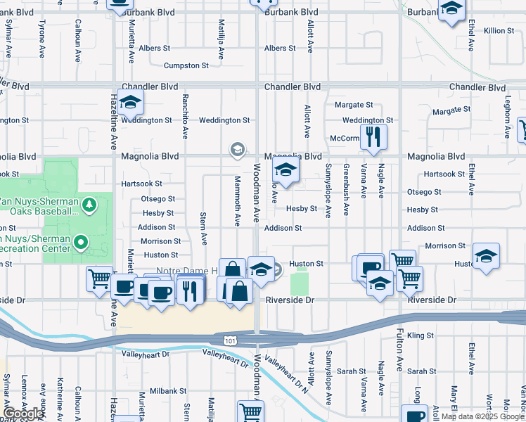 map of restaurants, bars, coffee shops, grocery stores, and more near 5030 Woodman Avenue in Los Angeles