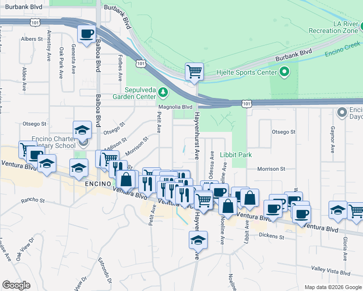 map of restaurants, bars, coffee shops, grocery stores, and more near 5041 Gerald Avenue in Los Angeles