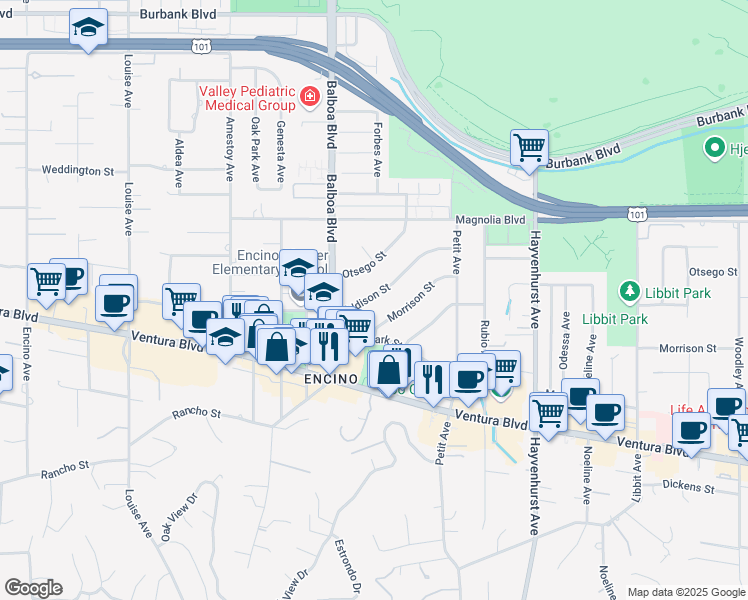 map of restaurants, bars, coffee shops, grocery stores, and more near 16817 Addison Street in Los Angeles