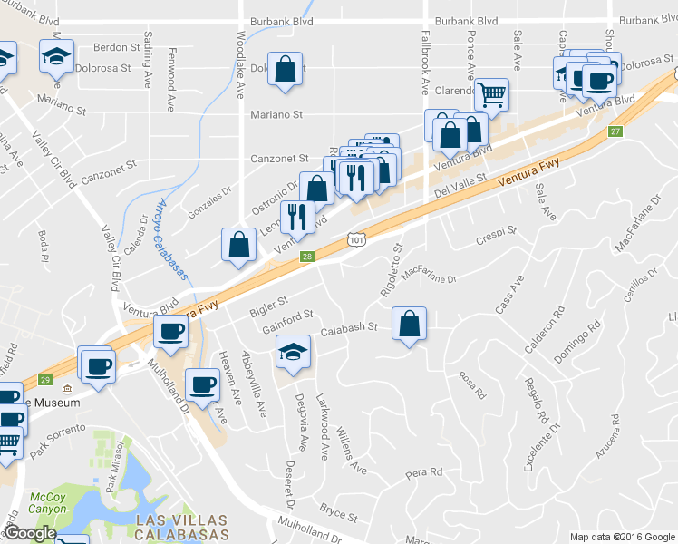 map of restaurants, bars, coffee shops, grocery stores, and more near 22968 Avenue San Luis in Los Angeles