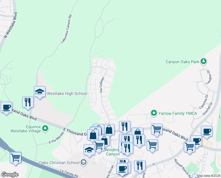 map of restaurants, bars, coffee shops, grocery stores, and more near 460 Via Colinas in Westlake Village