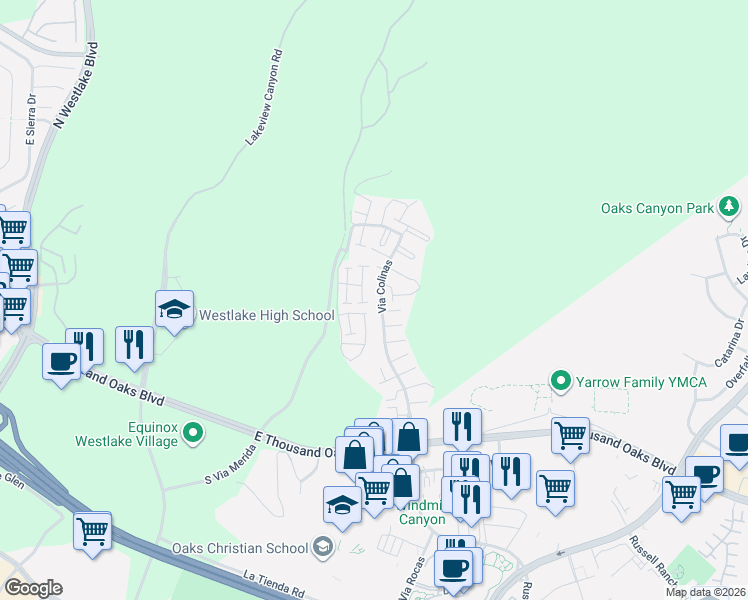 map of restaurants, bars, coffee shops, grocery stores, and more near 380 Via Colinas in Thousand Oaks