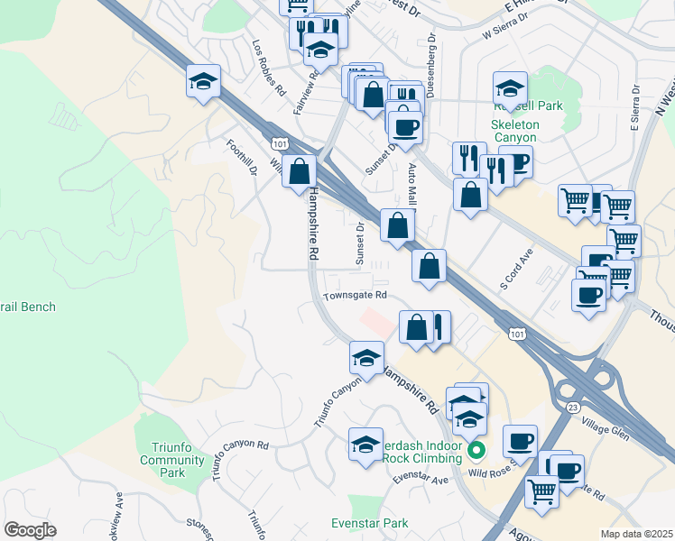 map of restaurants, bars, coffee shops, grocery stores, and more near 326 Hampshire Road in Thousand Oaks