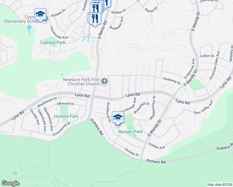 map of restaurants, bars, coffee shops, grocery stores, and more near 861 Boxthorn Avenue in Thousand Oaks