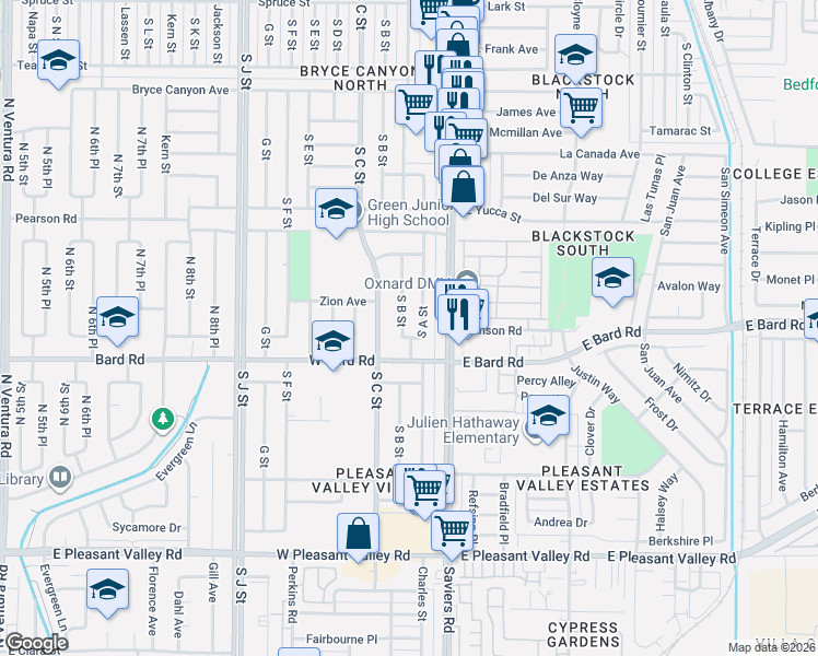 map of restaurants, bars, coffee shops, grocery stores, and more near 4044 South B Street in Oxnard