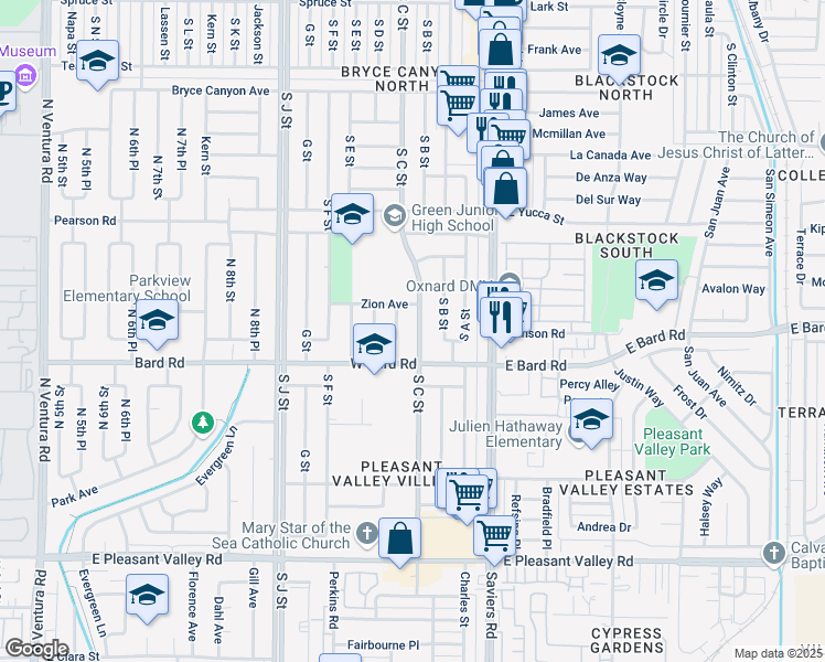 map of restaurants, bars, coffee shops, grocery stores, and more near 4034 Del Mar Place in Oxnard