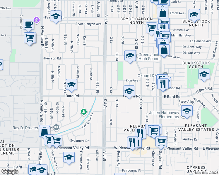 map of restaurants, bars, coffee shops, grocery stores, and more near 4110 South J Street in Oxnard