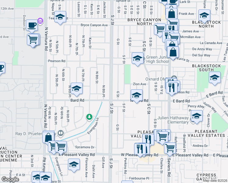 map of restaurants, bars, coffee shops, grocery stores, and more near 4110 South J Street in Oxnard