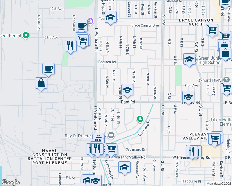 map of restaurants, bars, coffee shops, grocery stores, and more near 1453 North 6th Street in Port Hueneme