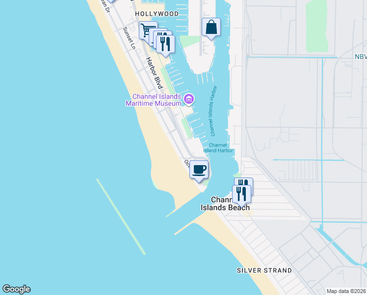 map of restaurants, bars, coffee shops, grocery stores, and more near 3352 Ocean Drive in Oxnard