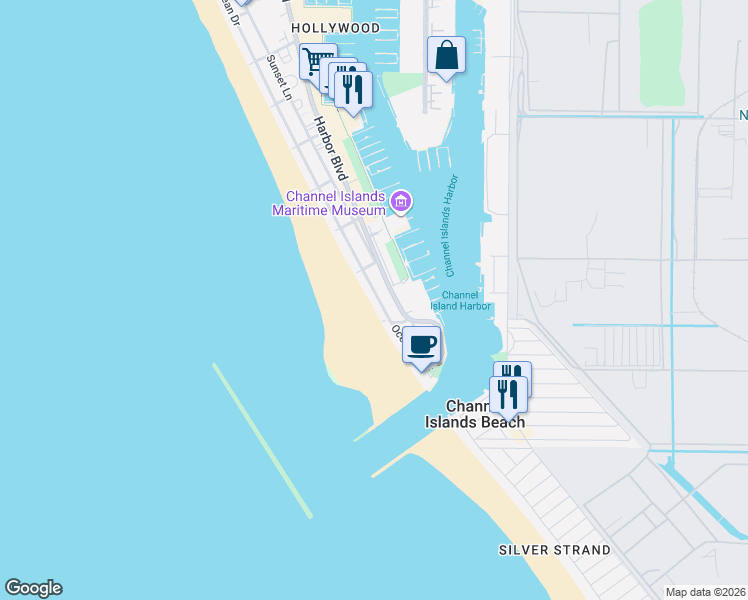 map of restaurants, bars, coffee shops, grocery stores, and more near 3352 Ocean Drive in Oxnard