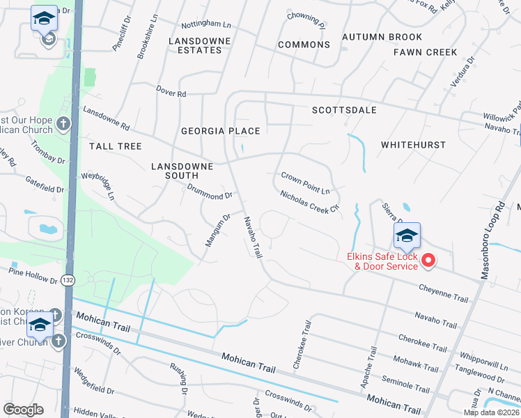map of restaurants, bars, coffee shops, grocery stores, and more near 519 Navaho Trail in Wilmington