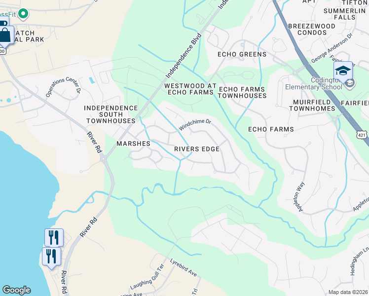map of restaurants, bars, coffee shops, grocery stores, and more near 200 Waters Point Court in Wilmington