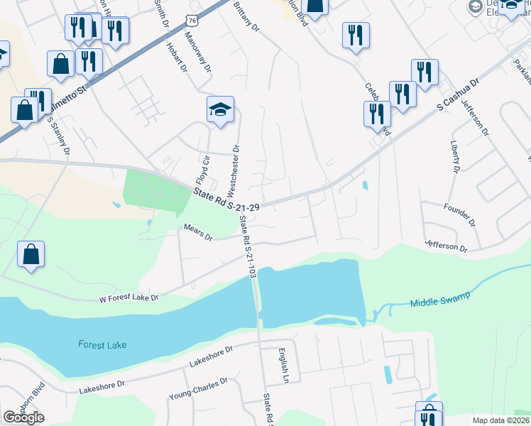 map of restaurants, bars, coffee shops, grocery stores, and more near 3138 South Cashua Drive in Florence