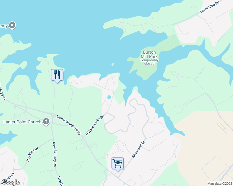 map of restaurants, bars, coffee shops, grocery stores, and more near 3450 North Waterworks Road in Buford