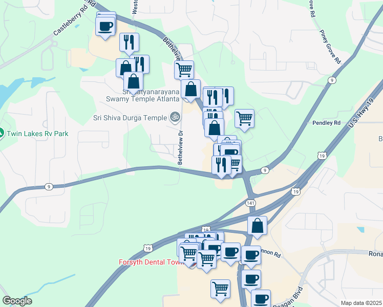 map of restaurants, bars, coffee shops, grocery stores, and more near 2557 Bethelview Drive in Cumming
