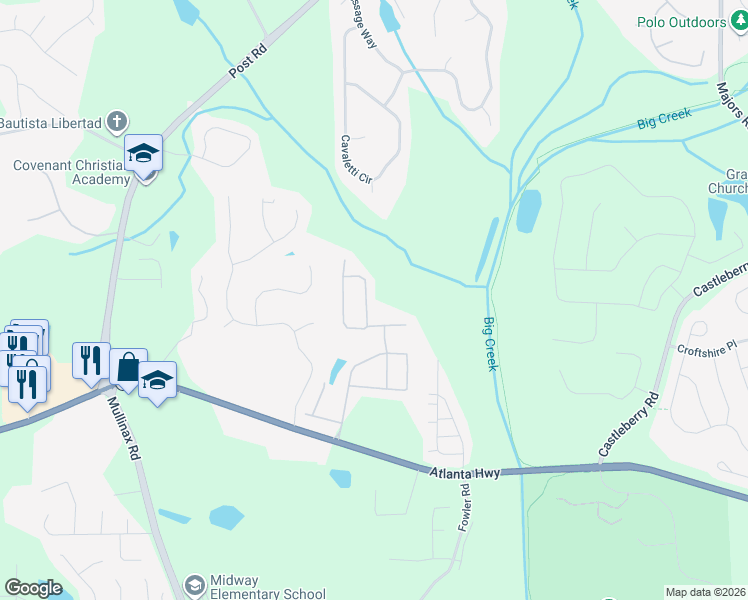 map of restaurants, bars, coffee shops, grocery stores, and more near 4975 Brierstone Drive in Alpharetta