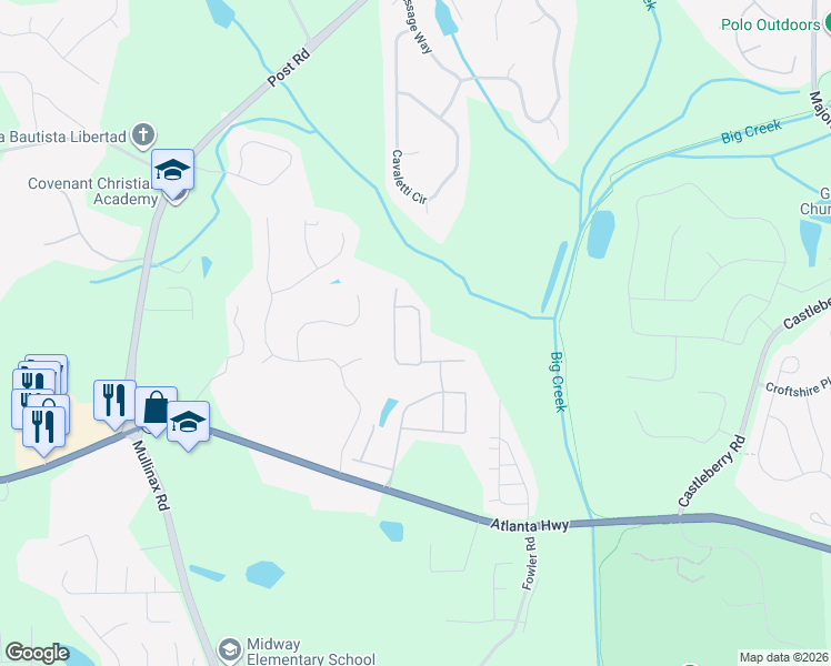 map of restaurants, bars, coffee shops, grocery stores, and more near 4975 Brierstone Drive in Alpharetta