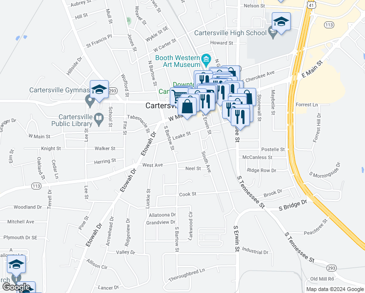 map of restaurants, bars, coffee shops, grocery stores, and more near 126 Leake Street in Cartersville