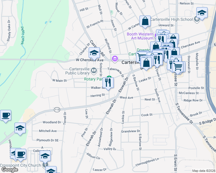 map of restaurants, bars, coffee shops, grocery stores, and more near 5 1/2 Walker Street in Cartersville