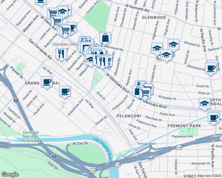 map of restaurants, bars, coffee shops, grocery stores, and more near 905 Graynold Avenue in Glendale