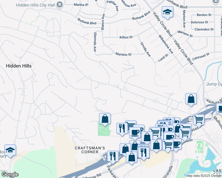 map of restaurants, bars, coffee shops, grocery stores, and more near 24044 Long Valley Road in Hidden Hills
