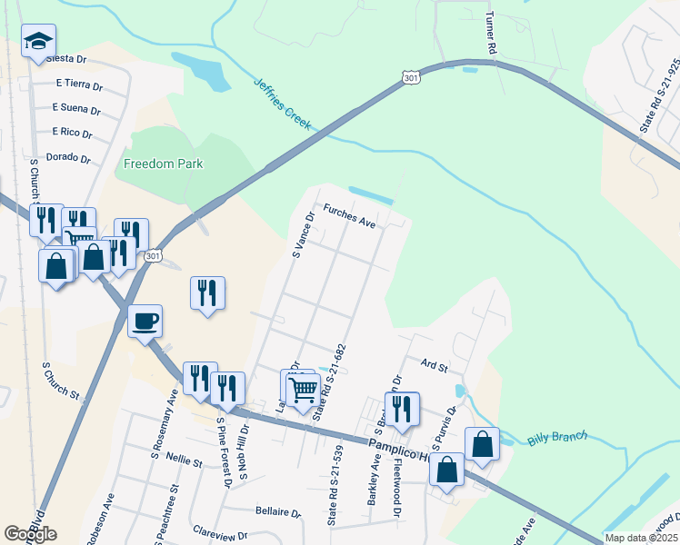 map of restaurants, bars, coffee shops, grocery stores, and more near 2302 Lakeview Drive in Florence