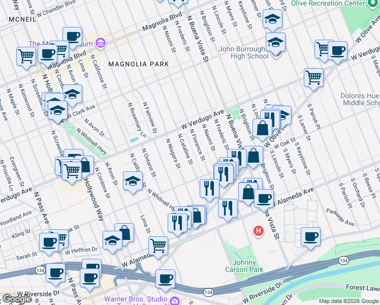 map of restaurants, bars, coffee shops, grocery stores, and more near 356 North Catalina Street in Burbank