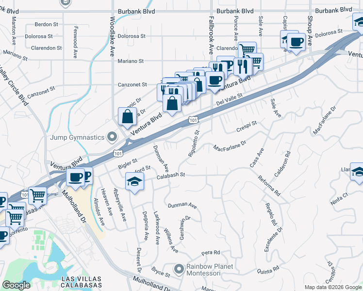 map of restaurants, bars, coffee shops, grocery stores, and more near 22913 Crespi Street in Los Angeles